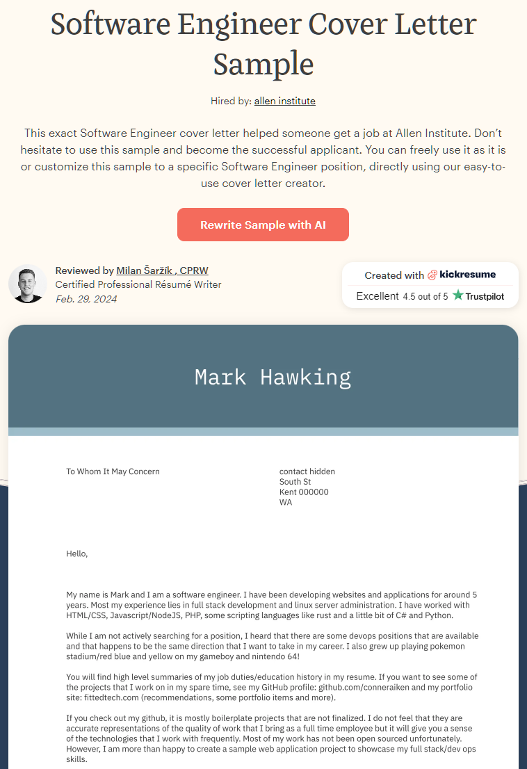 Kickresume cover letter in detail