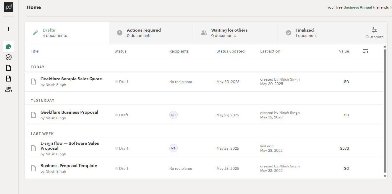 PandaDoc dashboard