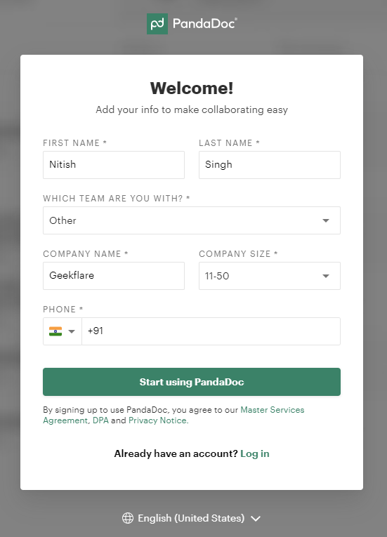 PandaDoc onboarding asking info