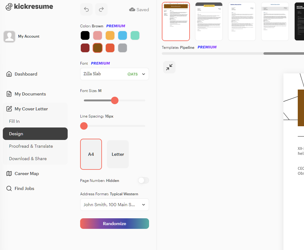 kickresume cover letter design change