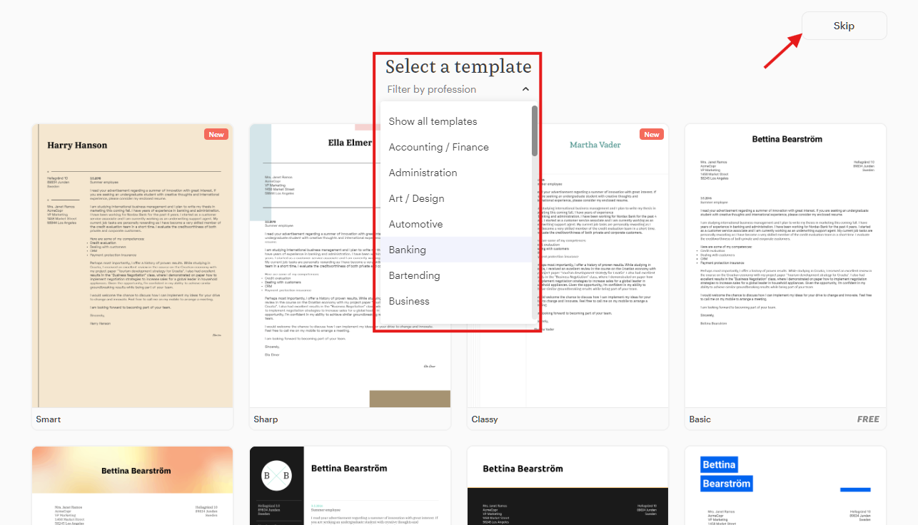 kickresume template options