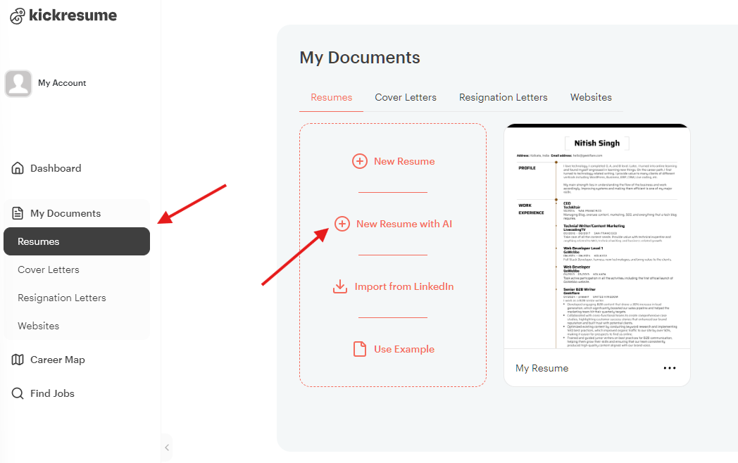 new resumes with AI option