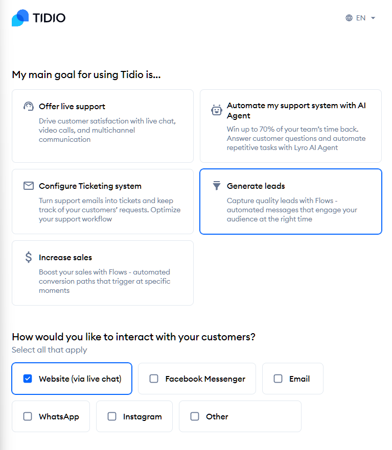 Tidio goals onboarding