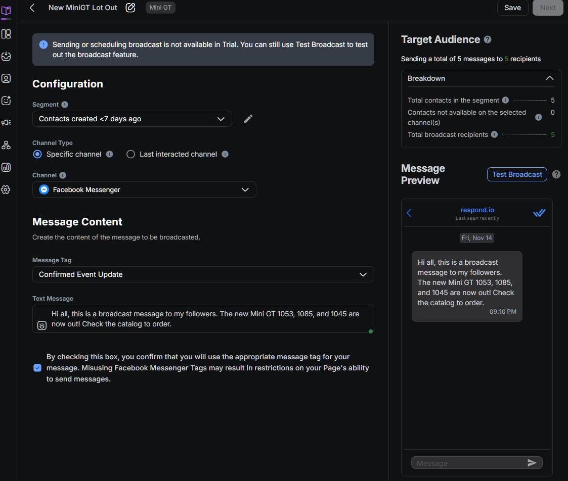 respond io broadcast test facebook messenger