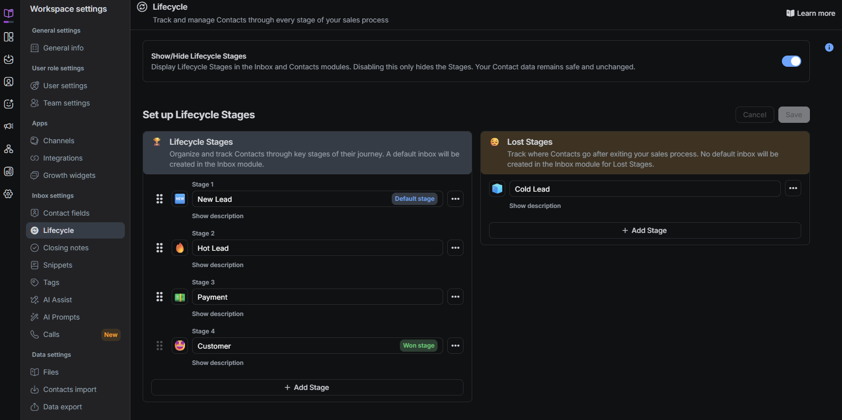 respond io lead generation stage change